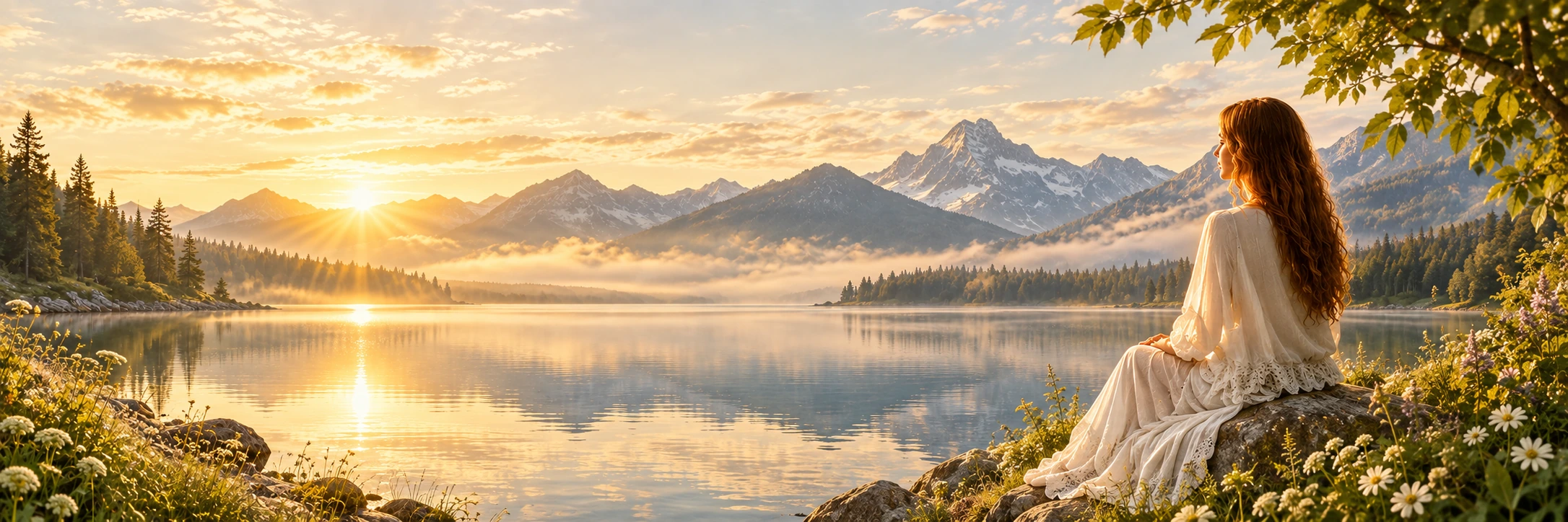 Symbolbild: Eine Frau im hellen Kleid blickt über einen Bergsee im goldenen Morgenlicht